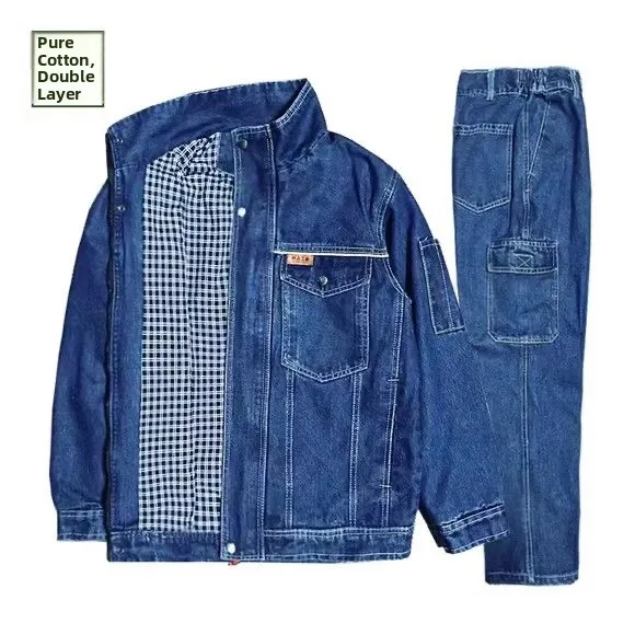 Thickened Denim Workwear Set for Men Spring Autumn Winter Welding Labor Protection Clothing Anti-Scald Wear-resistan...