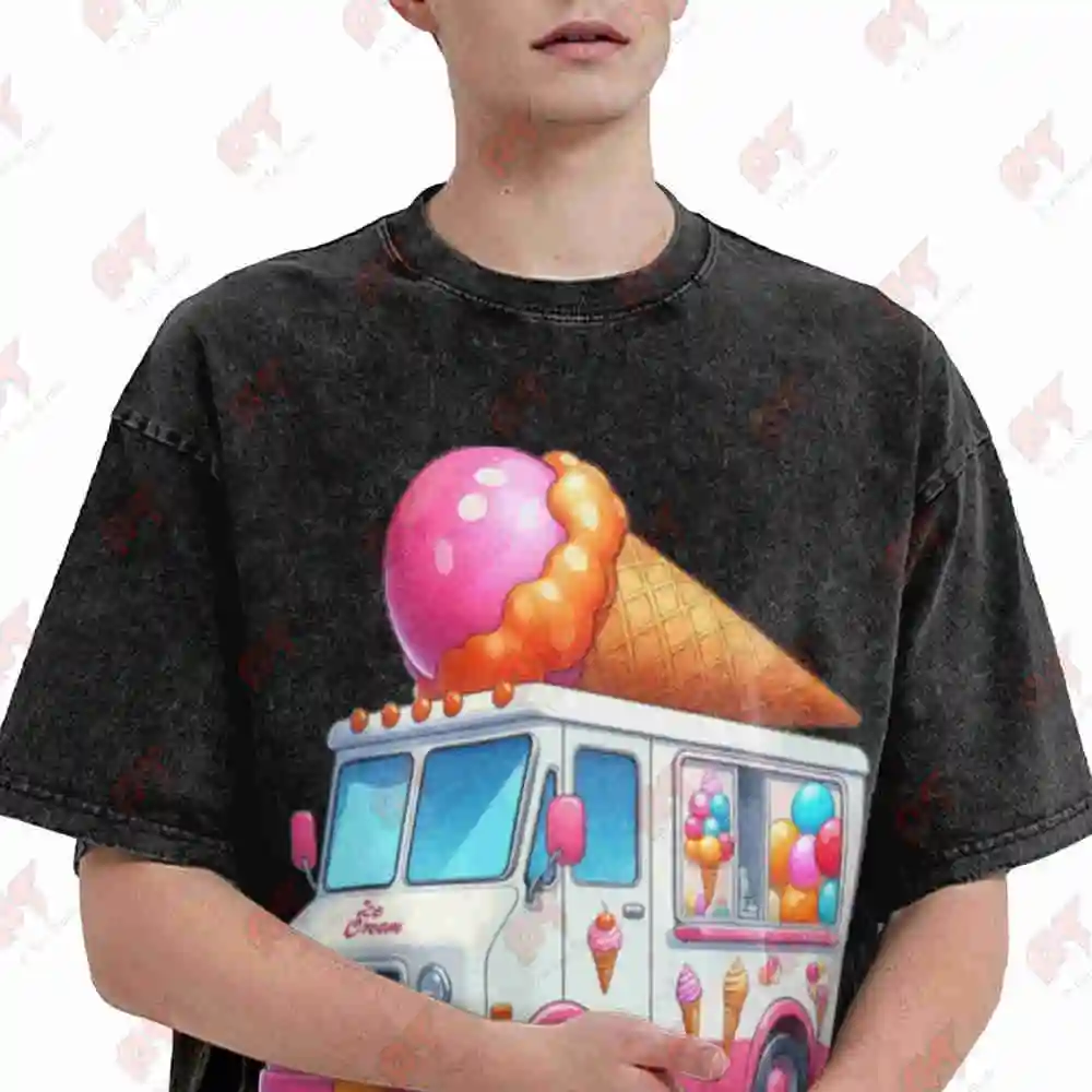 Ice Cream Truck Vintage Cartoon Balloons Vintage Washed Tee Pure Cotton T-Shirt