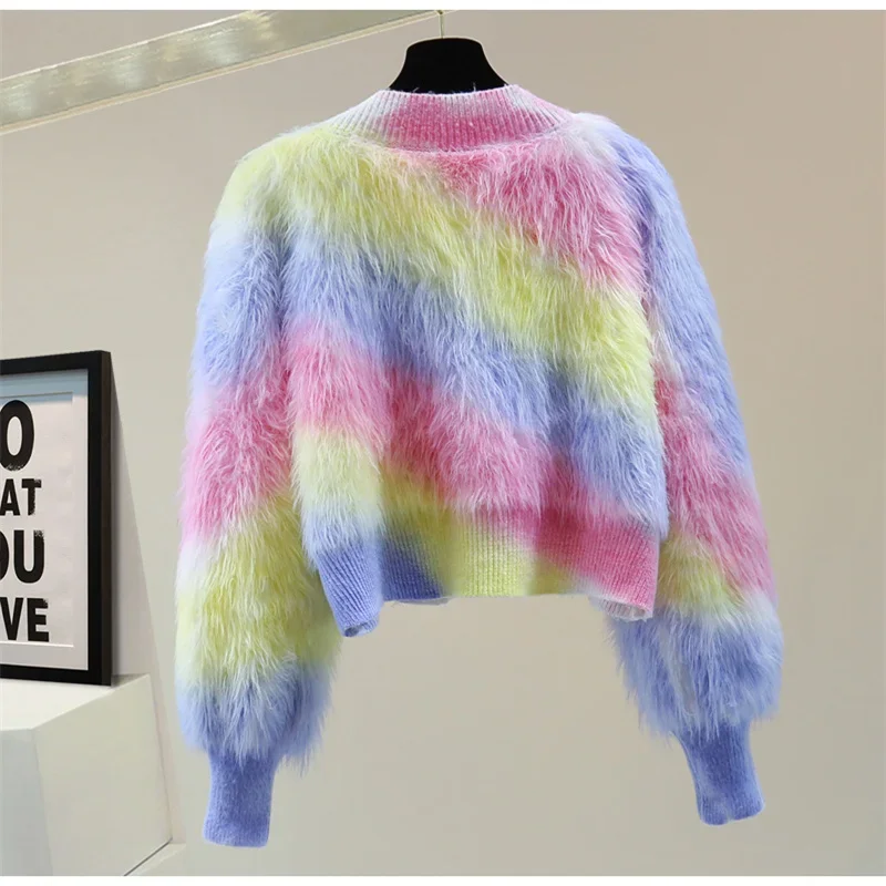 Luxury New Fuzzy Cardigan Women Gradual Color Mohair V-neck Plush Loose Sweater Japanese Style Retro Colorful Furry Knitted Coat