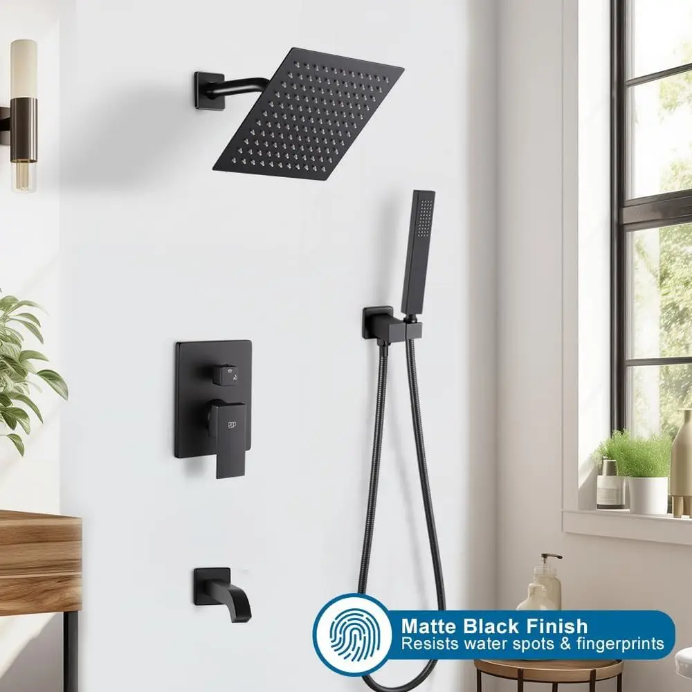8 Rainfall Shower System with Handheld, Single Handle Kit and Tub Spout in Matte Black