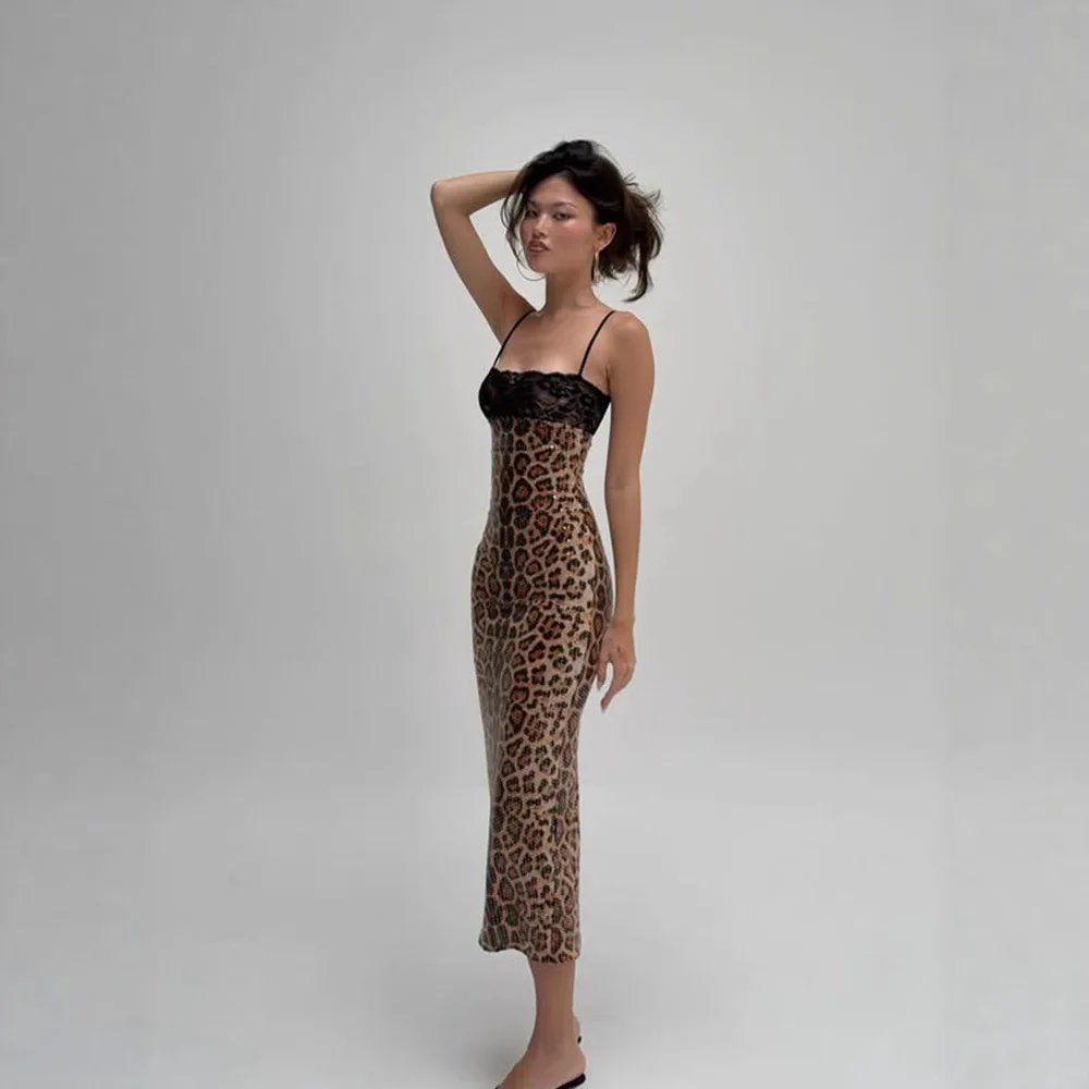

2026 new fashionable lace patchwork strapless suspender leopard print sequin banquet dress temperament long skirt