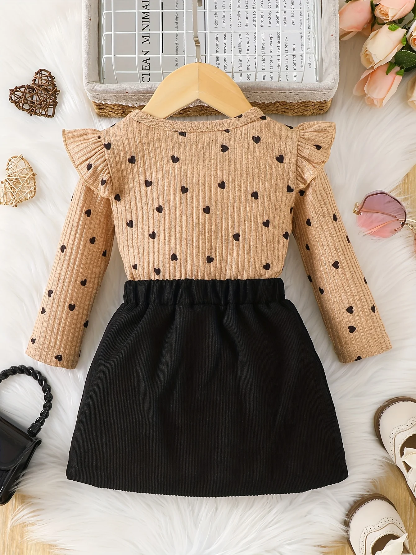 Spring and autumn style baby girl love print long-sleeve bow-decorated black skirt casual two-piece set