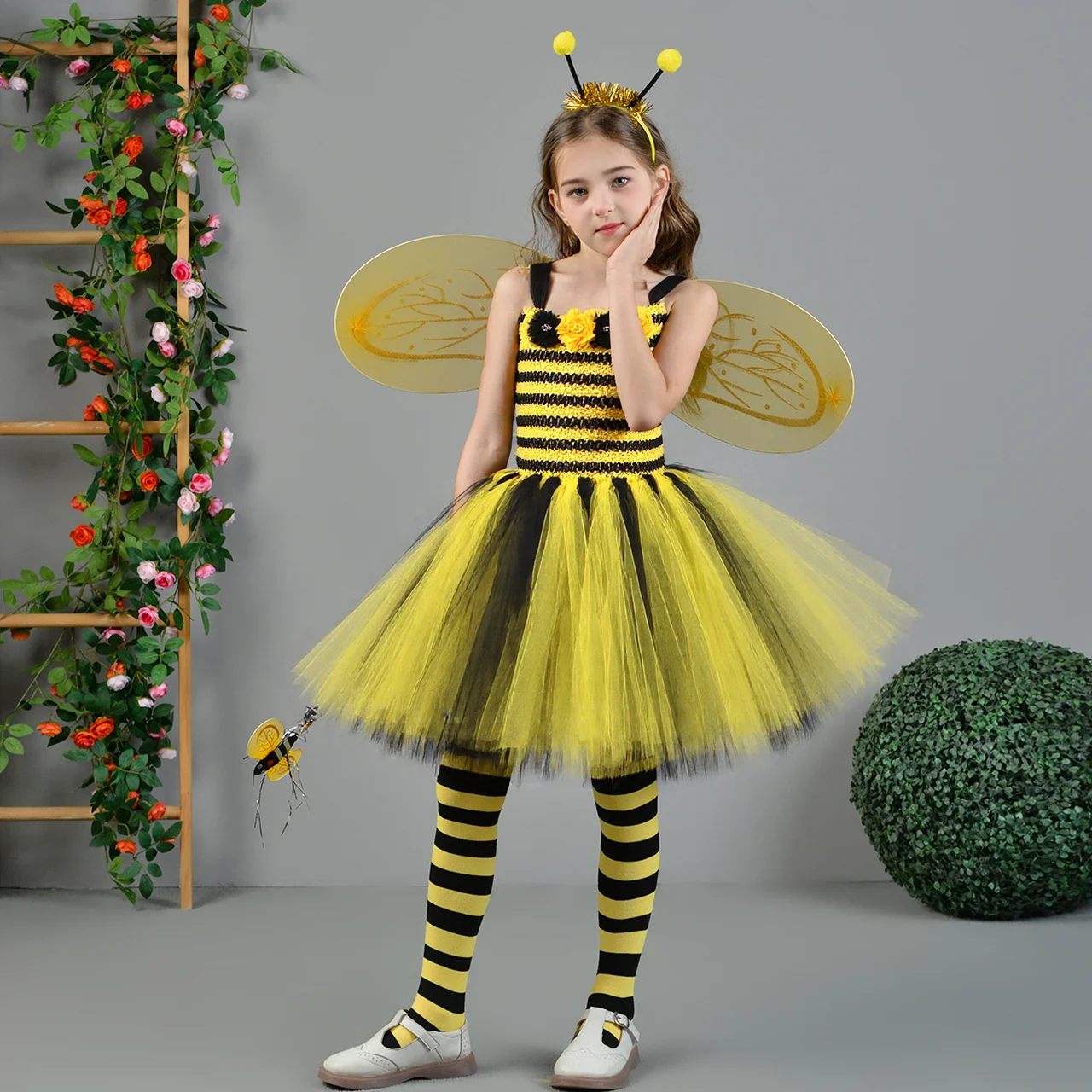 Baby Girls Flower Honeybee Costumes for Kids Yellow Black Little Bee Tutu Dress with Wings Children Birthday Purim Party Outfit