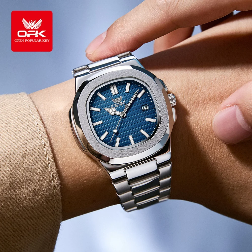 Opk 6055 novo relógio masculino quadrado à prova dwaterproof água luz noturna data semana relógio masculino de quartzo aço inoxidável marca luxo reloj + caixa