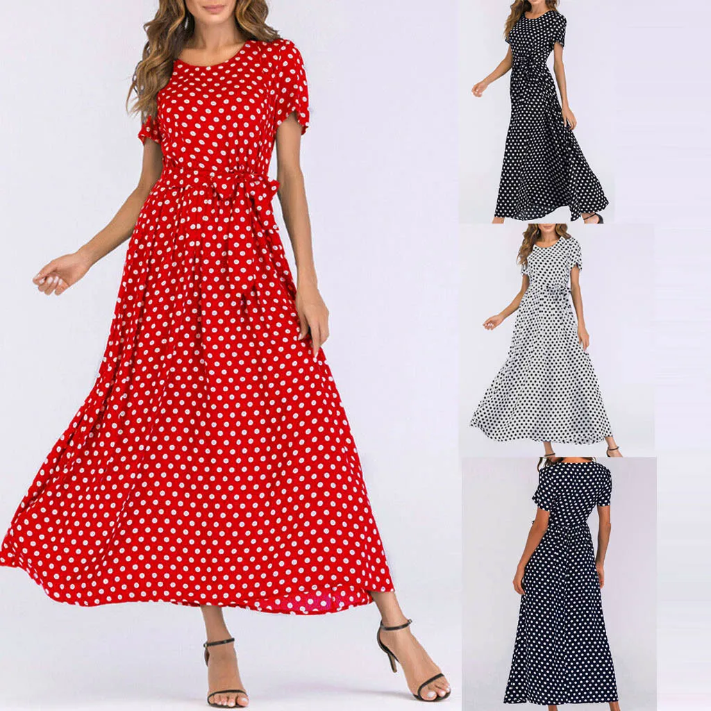 Beach Women Sleeve Bandage Dot Fashion Dress Long Polka Short Summer Dresses For Women Elegant O-Neck Short Sleeve Beach