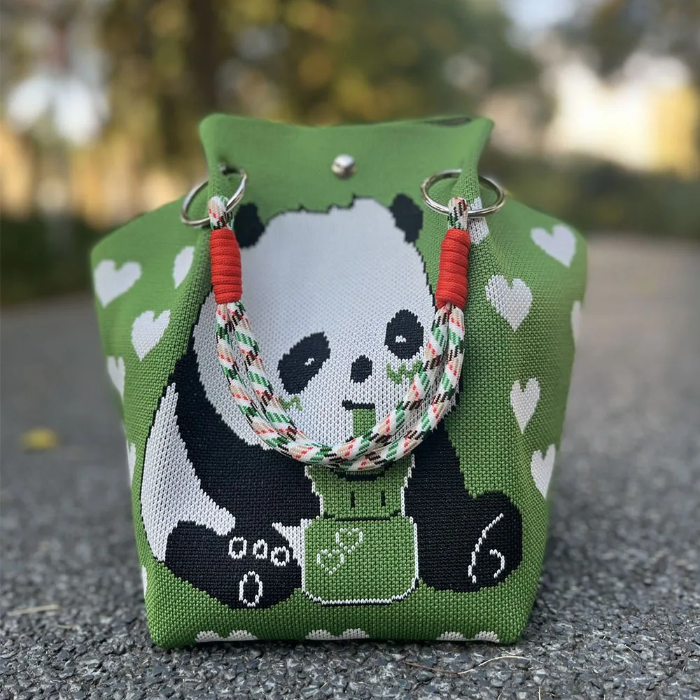 

Повседневная вязаная сумка-ведро с рисунком панды, тканые сумки ручной работы с кольцом и пряжкой, сумки на плечо, большие вместительные наручные сумки для женщин и девочек
