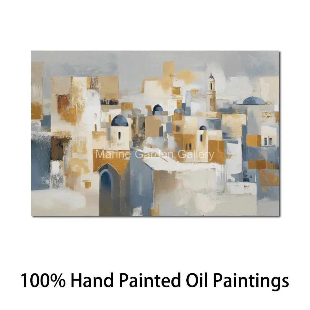 Textured David Tower Oil Painting Handmade Jerusalem Landscape Canvas Large Abstract Wall Art for Modern Living Room Jewish Gift