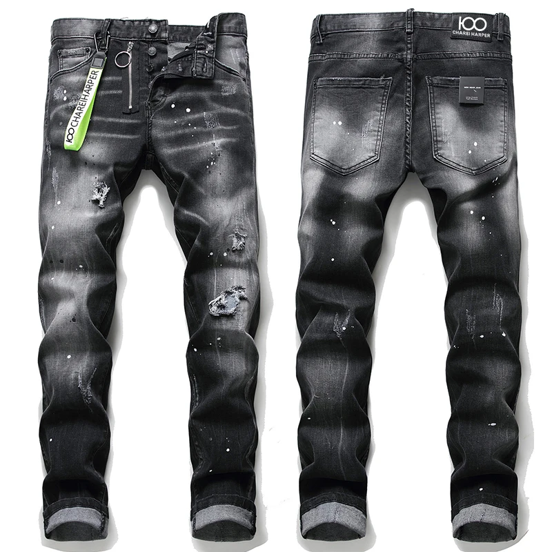 100 chareiharperHipster men's jeans Hipster men's personality ripped and scraped fashion pants Black paint splattered stretch