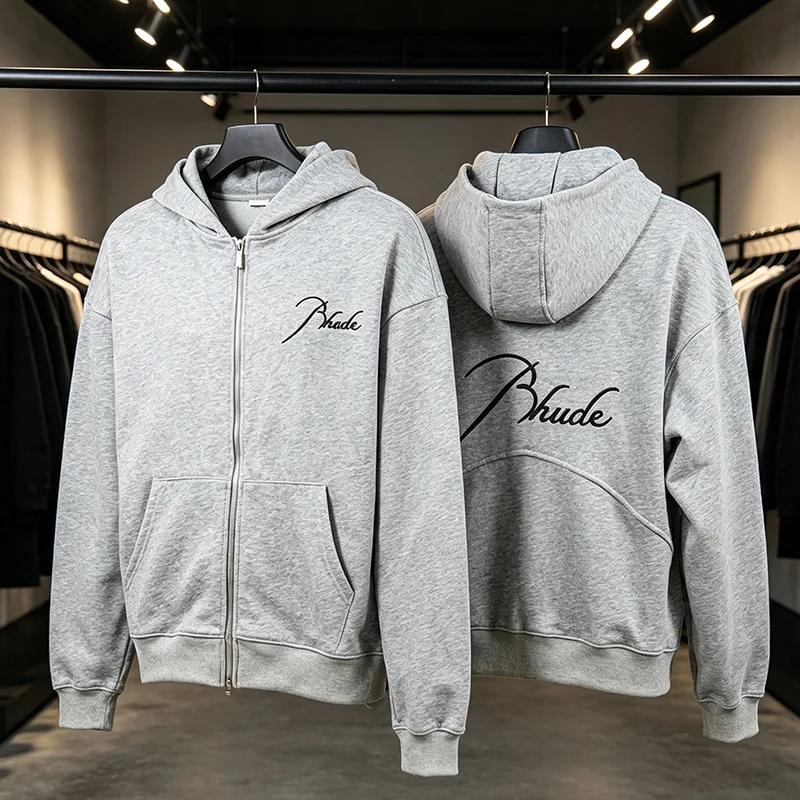 2026 New RHUDE Men's Zip Hooded Sweatshirt Chest Tone‑on‑Tone Script Embroidery Logo Streetwear