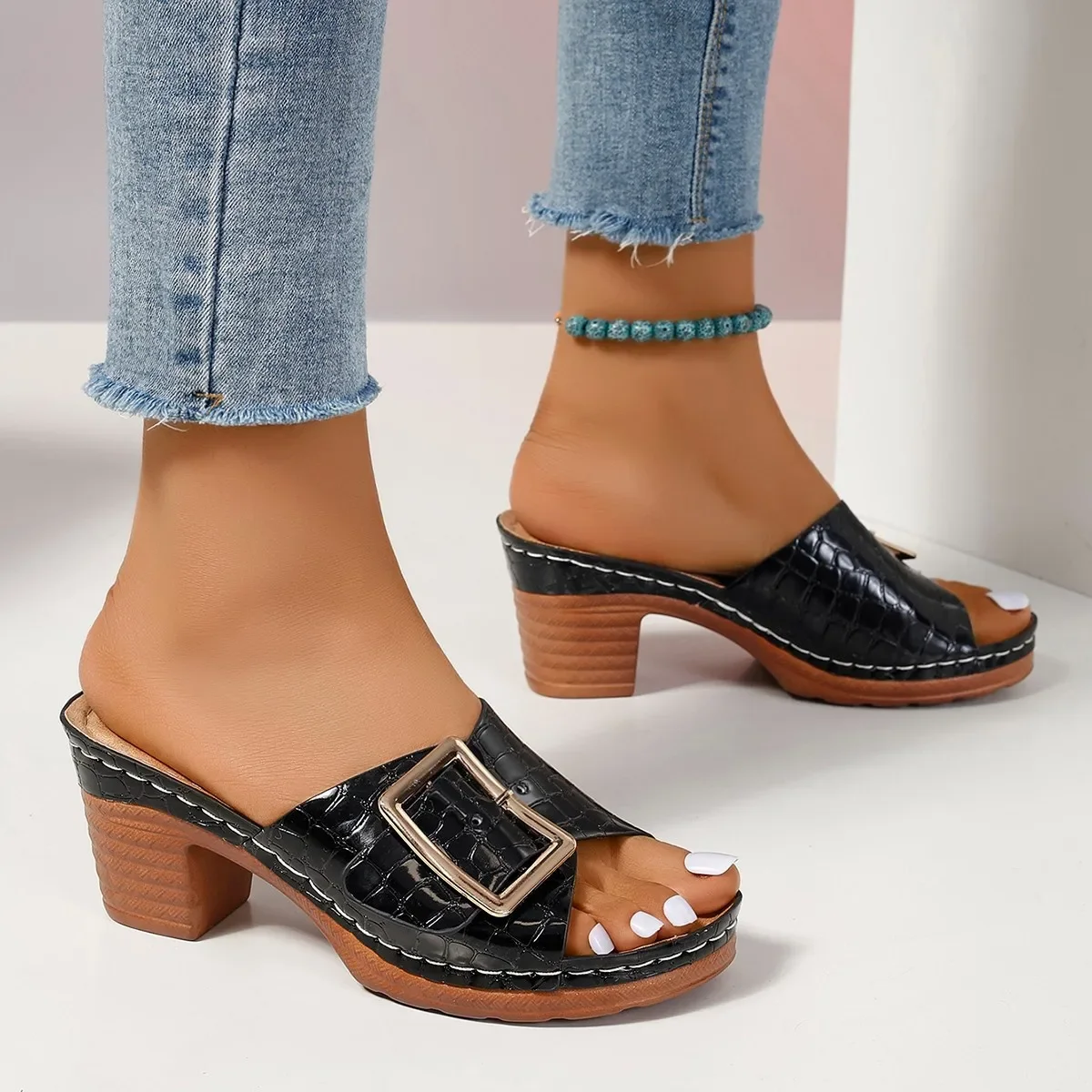 

Shoes Woman 2025 Low Slippers Casual Pantofle Heeled Mules Square heel Luxury New High Summer Block Rome Fabric Slides PU Fashio
