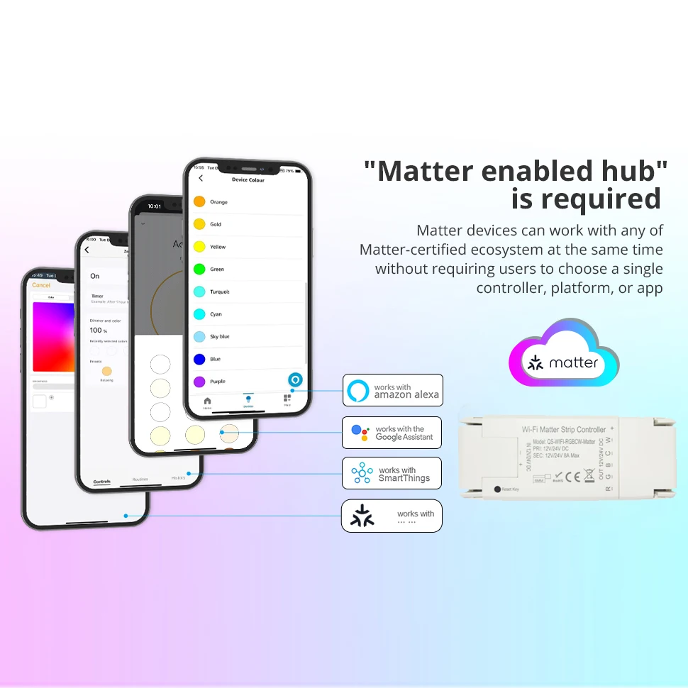 Matter WIFI RGBCW تحكم ذكي LED شرائط مصباح تيار مستمر 12 فولت 24 فولت باهتة يدعم مجموعة المنزل Smartthings أليكسا جوجل تطبيق المنزل