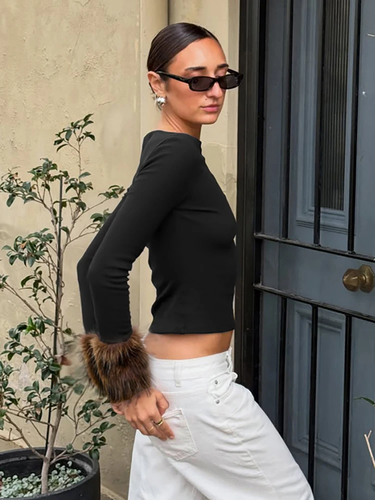 JULISSA MO Feather Sleeve Round Neck Women T-shirt Black Long Sleeve Short Solid T-shirt Autumn Skinny Casual Outdoor Streetwear