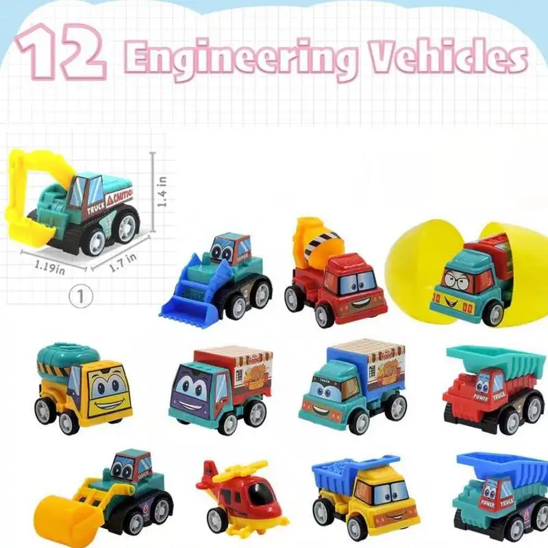 Filled Easter Eggs with Toys Toddler Easter Eggs Hunt Toddler Pull Back Construction Vehicle Cartoon Car for Kids Aged 3-8 Years