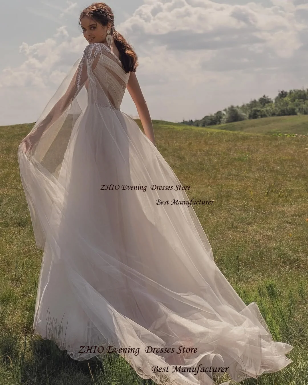 ZHIO One-Shoulder-Kleid aus glänzendem Tüll, modernes formelles Kleid für Hochzeiten, offizielles Eventkleid, individuelle Illusion, Pailletten, Sweep-Zug