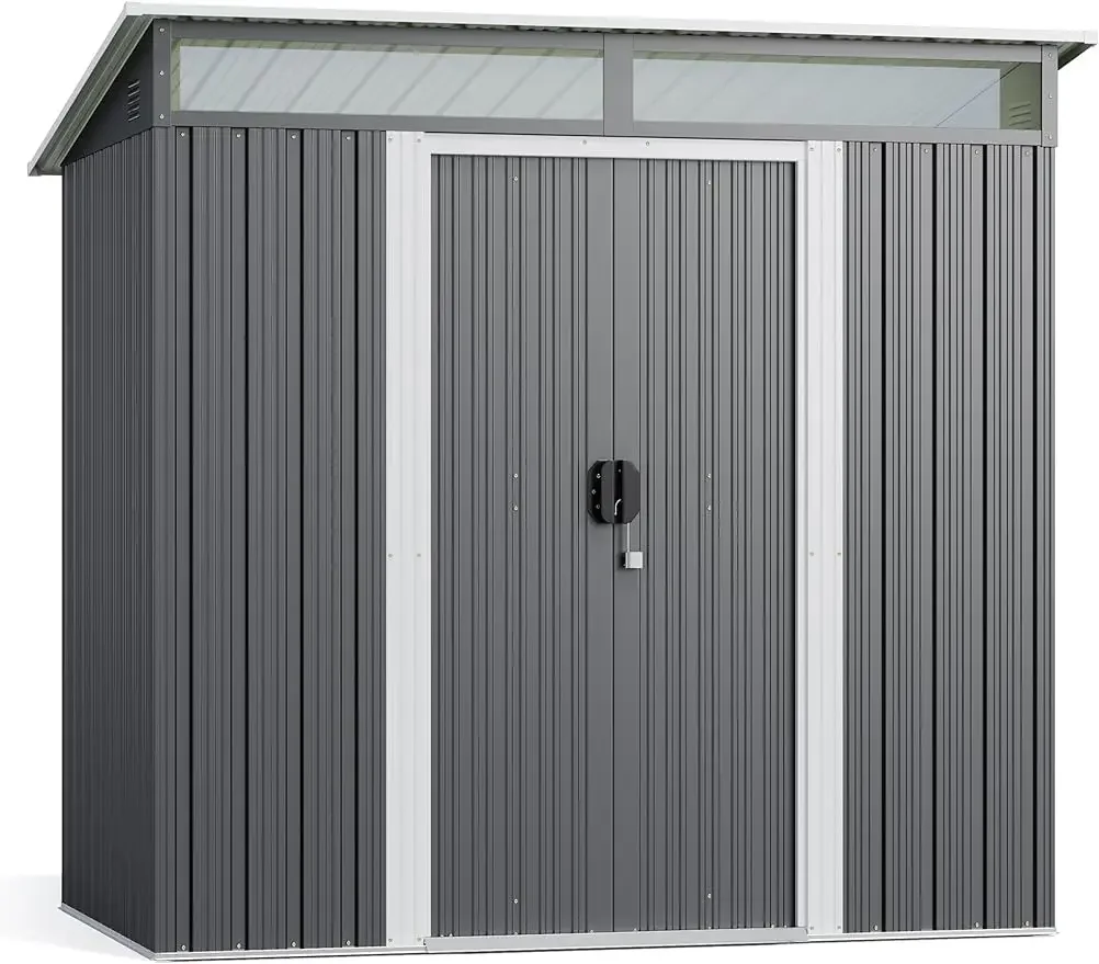 Outdoor Storage Shed with Sliding Doors, Versatile Metal with Anchors, Tool Shed with Transparent Panel Windows for Backyard