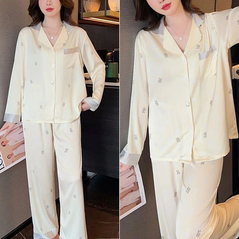 Two Sets of Women\'s Long-Sleeved Pajamas Bubble Bear Ice Silk Advanced Sense of Silky Smooth Fashion Simple Cute Sweet Style