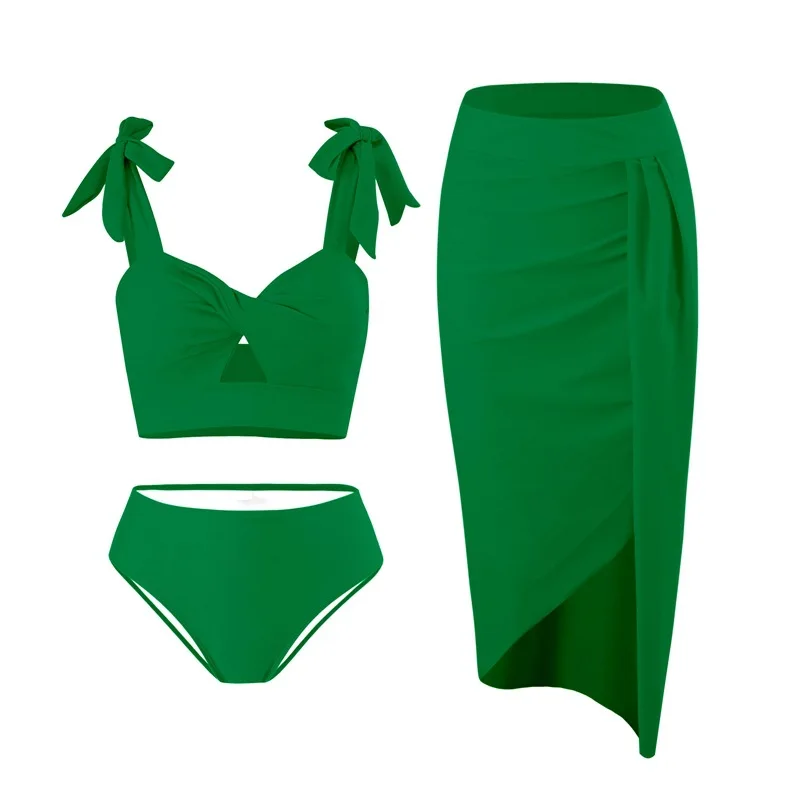 Sexy Three-piece Set Rsoe Pink High Waist Bikini Sets Skirts Cover Ups Swimsuit Female Swimwear Knotted Beach Bathing Suits