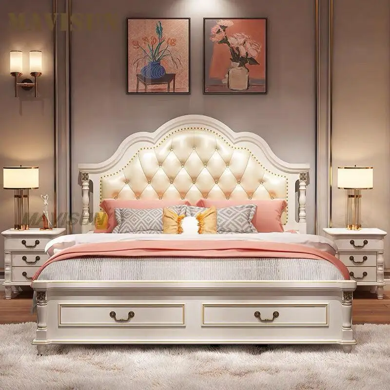 New Light Luxury European-Style Solid Wood Double Bed Headboard Dresser Furniture Set Leather Soft Backrest Sponge King Bed