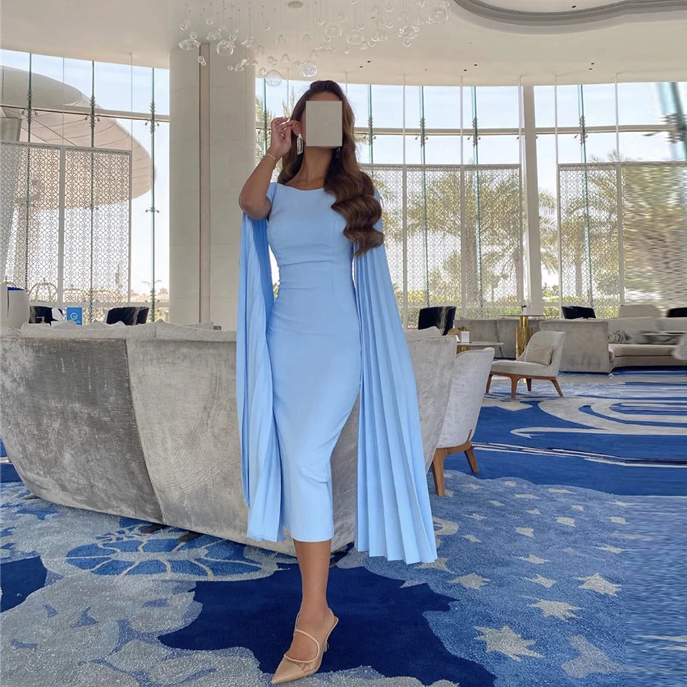 

Jiayigong Simple Sky Blue Evening Party Dresses Saudi Arabic Pleats Stretch Matte Satin Long Cape Sleeves Tea Length Formal