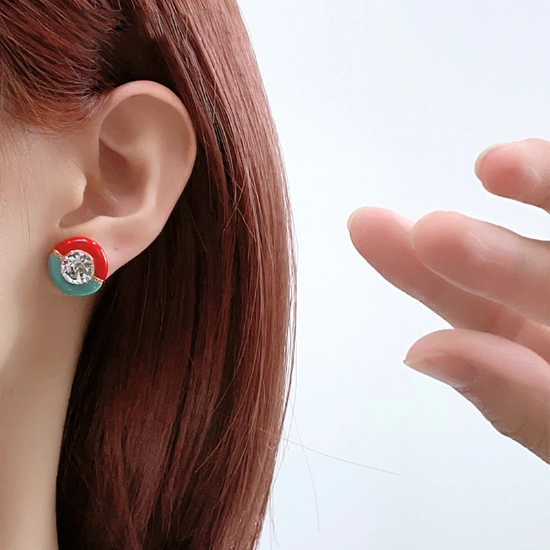 High Grade Red Blue Enamel Patchwork Circular Zircon Earrings For Girls' Simple Classic Accessories Women‘s Fashionable Jewelry