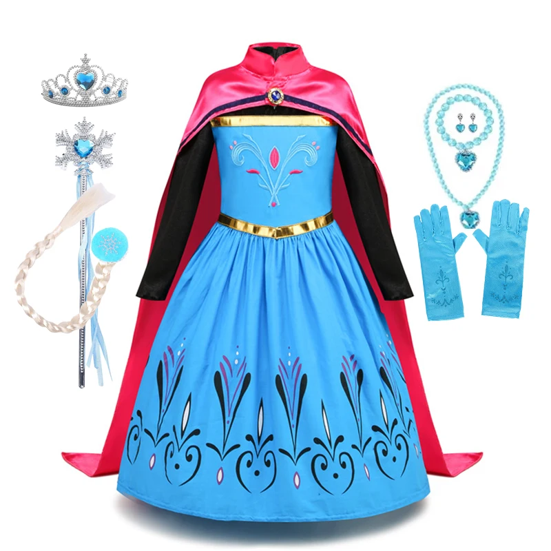 Frozen Elsa Anna Princess Dresses Kids Girls Cosplay Long Sleeve Mesh Cape Snow Queen Costumes Carnival Birthday Party Gown Ball