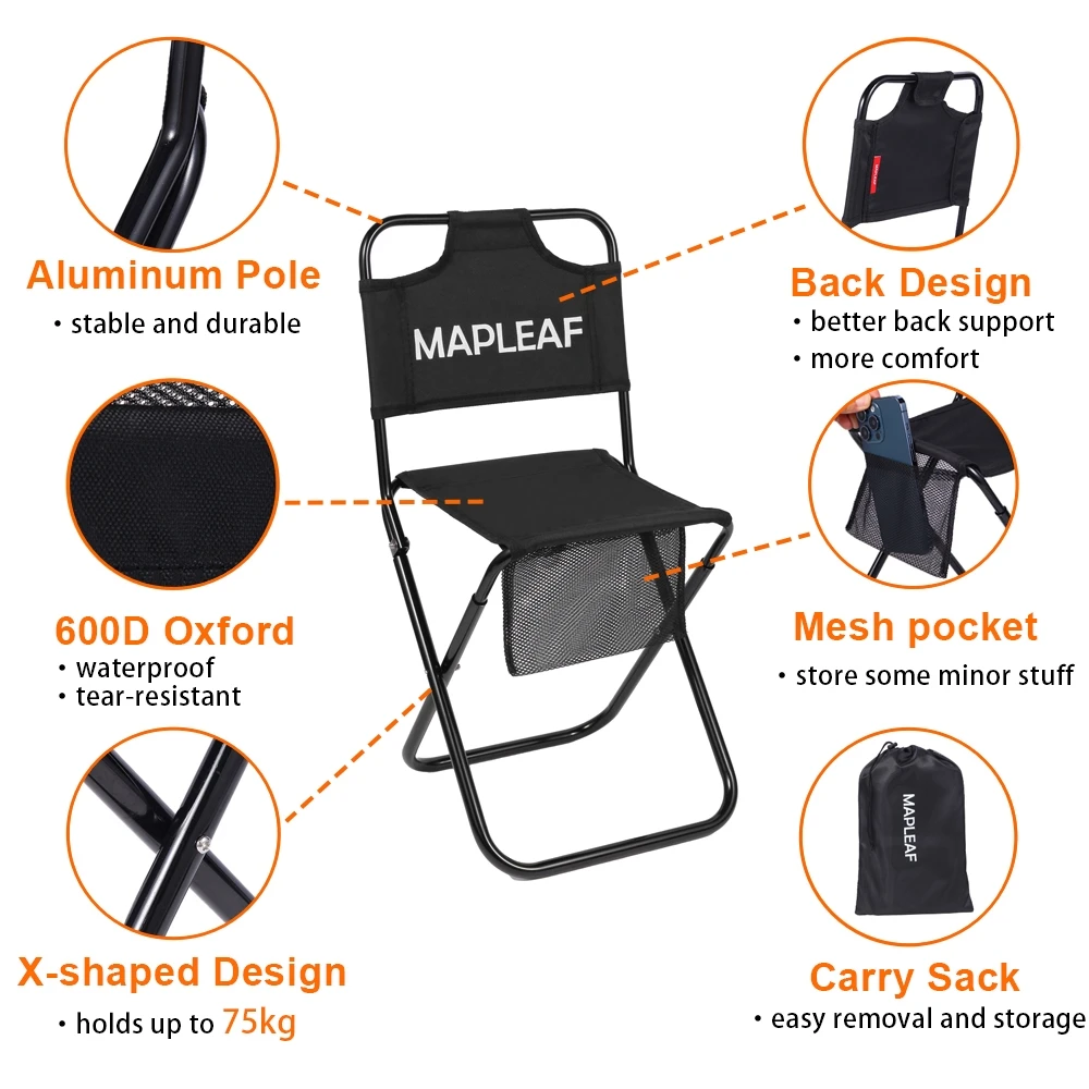 MAPLEAF Ultralight Camping Chair Foldable Load-bearing 75KG with Back and Mesh Pocket Compact Picnic Outdoor Hiking Fishing