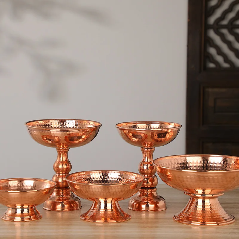 Minimalist Copper Offering Plate Tall Pedestal Serving Tray Multiple Sizes Snack Dish Temple Altar Decorative Tray for Prayer