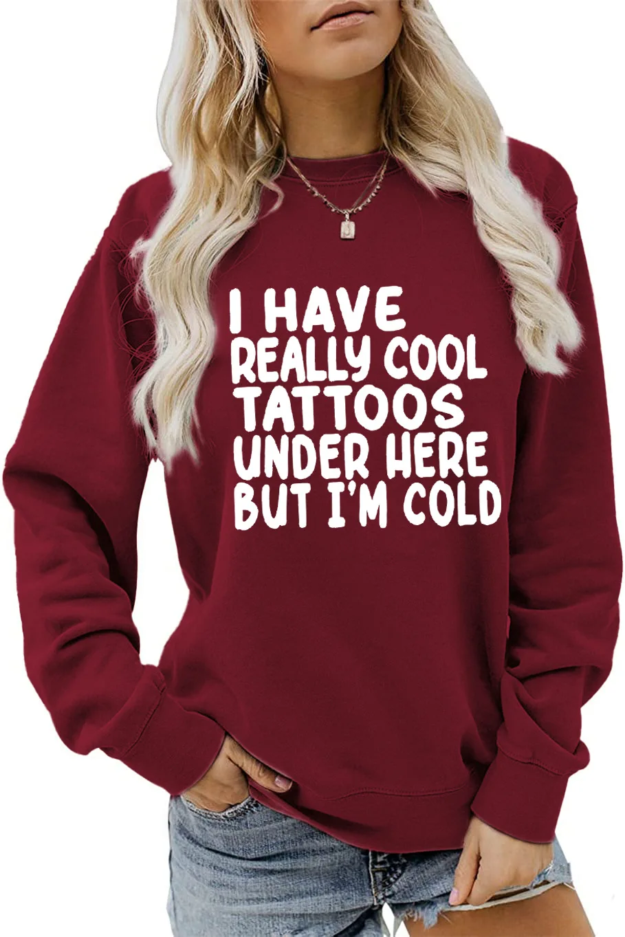 Autumn crew-neck long-sleeved T-shirt hoodie I HAVE REALLY COOL TATTOOS print loose casual top women's all-in-one fashion jumper