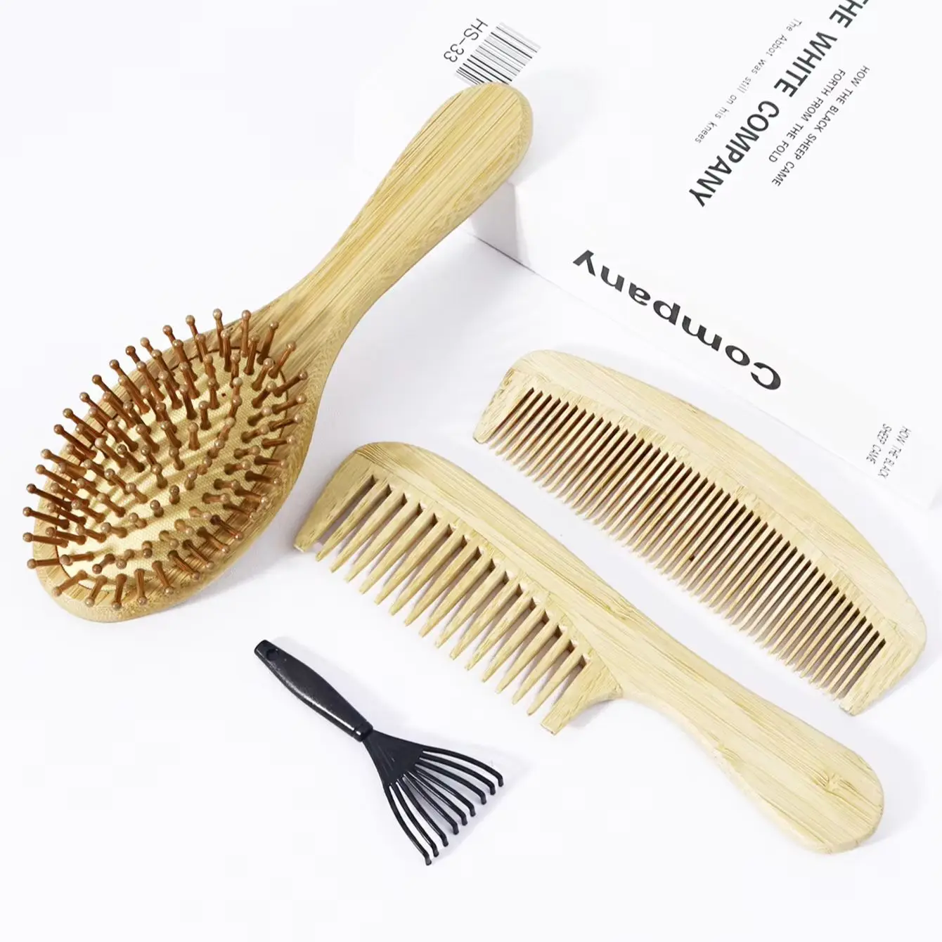 

4pcs natural bamboo brush set with comb cleaning claws,used for scalp massage and hair growth Special for real hair wigs