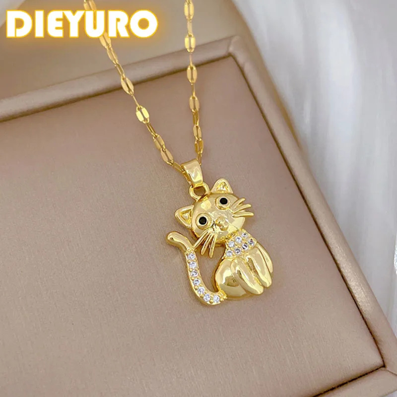 DIEYURO 316L الفولاذ المقاوم للصدأ الذهبي مايكرو مطعمة الأسود العينين القط قلادة قلادة لفتاة الاتجاه الجديد سلسلة الترقوة مجوهرات هدية