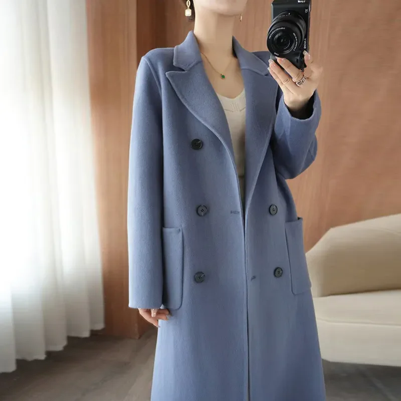 Cappotto da donna in cashmere double face 100% lana 2025 Autunno Inverno Nuovo trench di lana doppiopetto allentato di media lunghezza