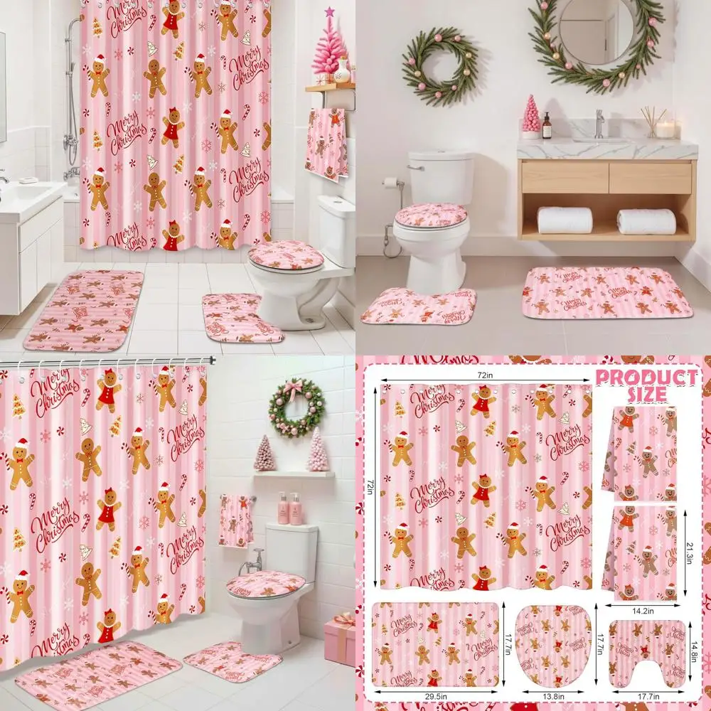 

Christmas Gingerbread Shower Curtain Set: Waterproof 72x72, Toilet Lid Cover, Towel, U-Shaped Rugs, Non-Slip Mat, Hooks for Bath