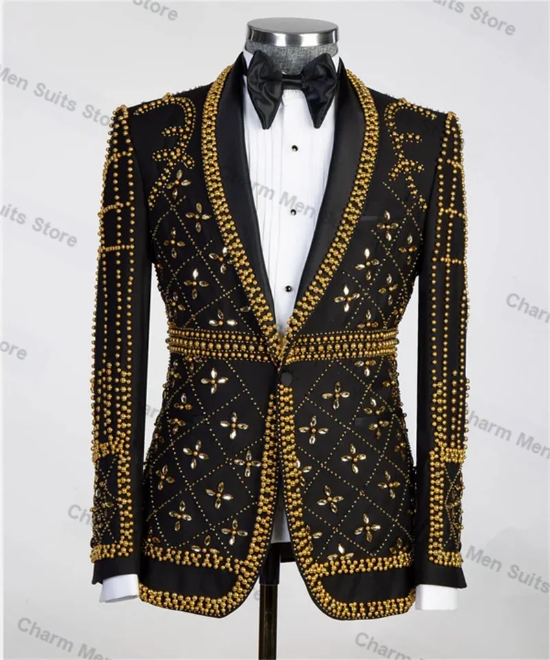 

Luxury Crystal Black Men Suits Set Custom Made 2 Piece Blazer+Pants Cotton Jacket Office Formal Groom Wedding Tuxedo Prom Coat