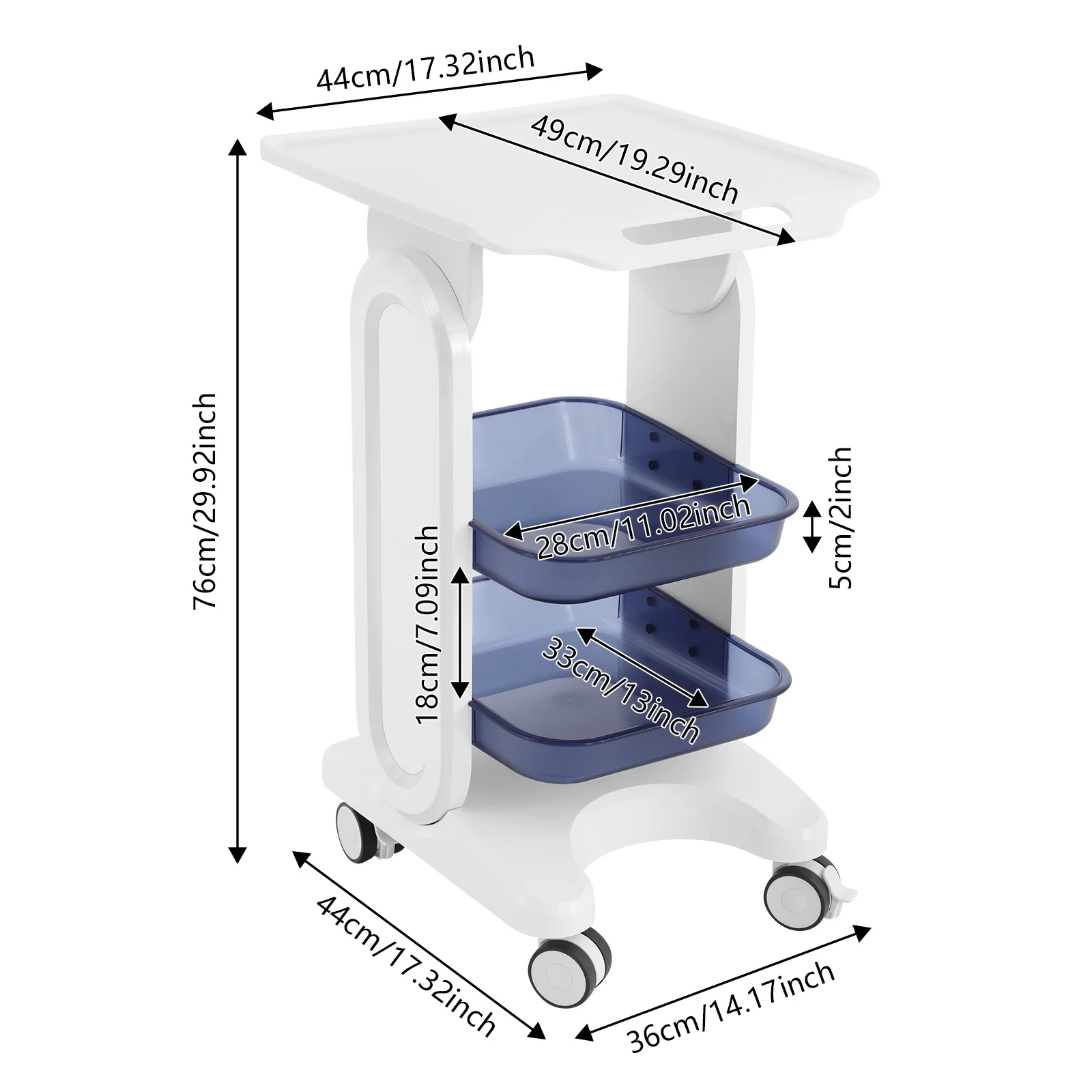 Medical Cart, Beauty Salon Storage Cart, Beauty Tool Storage Cart, 3-Tier Modern PC Rolling Organizer, Hospital Clinic Spa Nail Salon Labs, White Blue, Large Durable Tray Shelves, Free Standing, Multi-Purpose For Equipment Tools Supplies view 4
