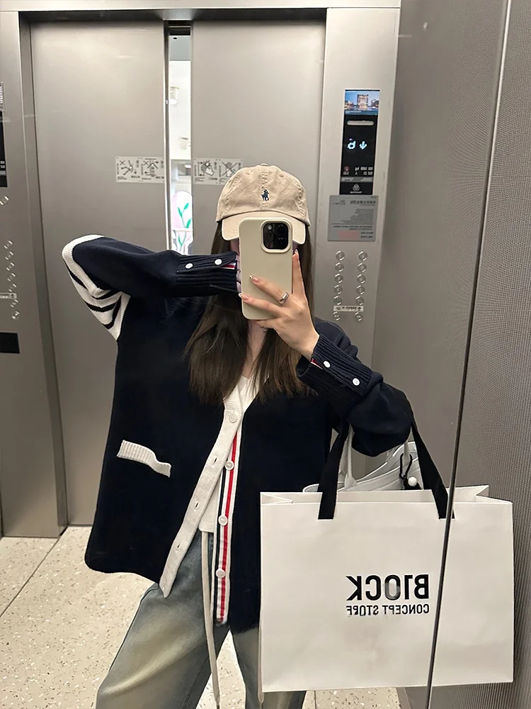 

Женский свободный вязаный кардиган Heydle с V-образным вырезом, длинными рукавами, в полоску, цвета бобовой коржи, весна-осень, хлопок