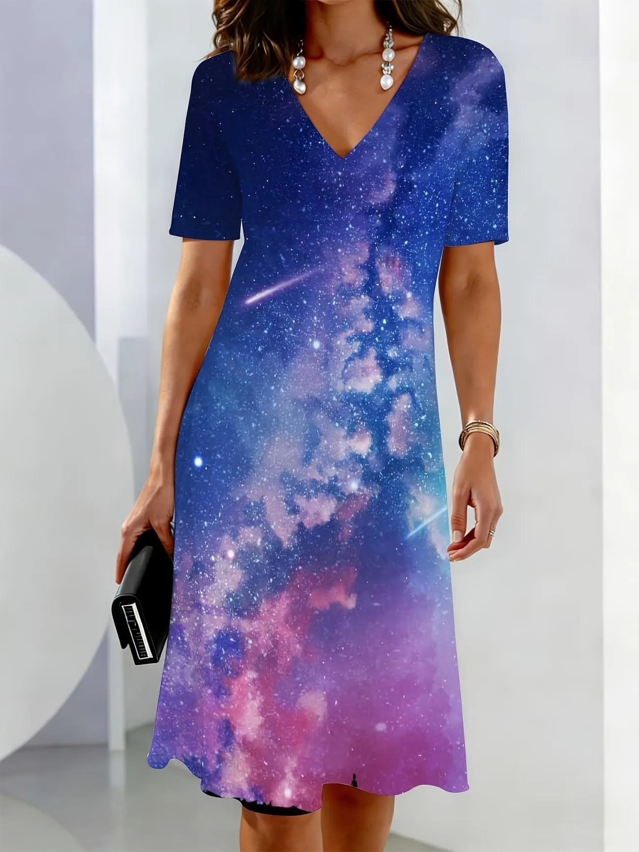 Women's V-Neck Short Sleeve 3D Rainbow Gradient Print Mini Dress Casual Elegant Gradient Color Change Dress
