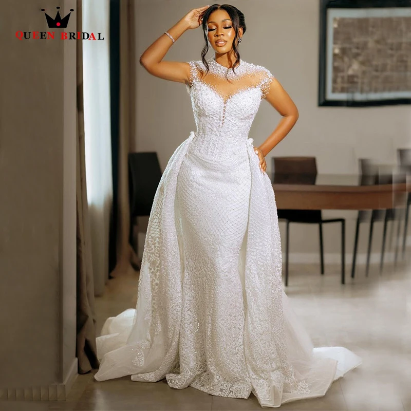 Sexy Luxury Mermaid Weddding Dresses with Detachable Skirt Tulle Lace Crystal Pearls New Design Formal Bridal Gowns SF72