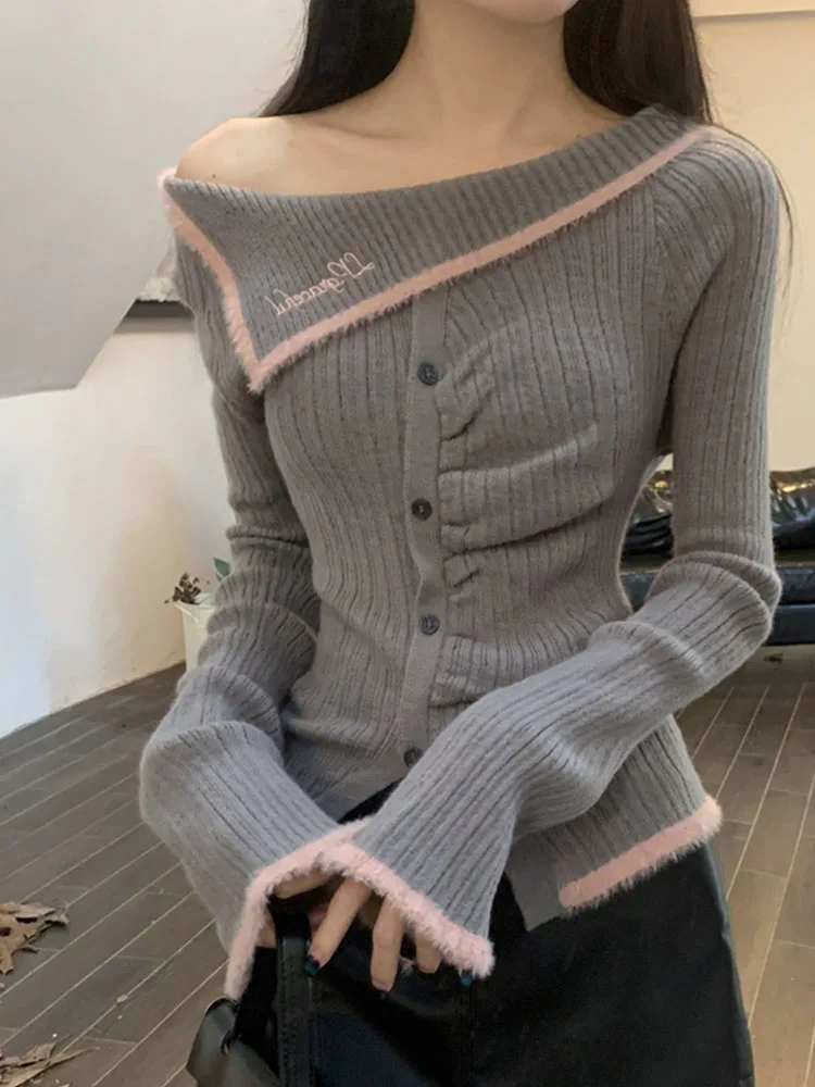 Sweet Sexy Solid Slash Neck Sweater Autumn Women New Embroidery Design Knitted Top Korean Style Long Sleeve Irregular Pullover