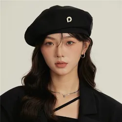 insInternet Celebrity Letter Beret Female Black Octagonal Hat Autumn and Winter Show Face Small Hat Design Sense Niche Painter C