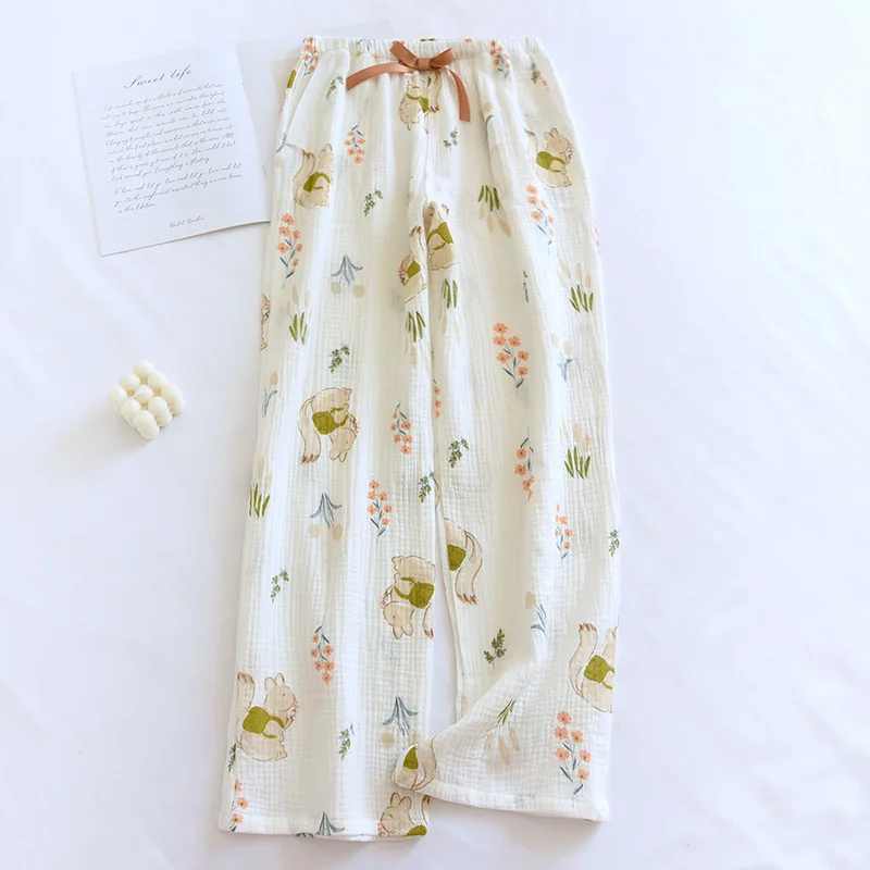 2024 Summer New Women\'s Pajama Pants 100% Cotton Crepe Flower Pants Air Conditioned Pants Thin Large Comfortable Home Pants