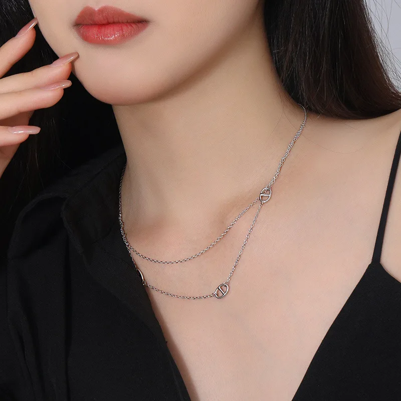 INS 925 Sterling Silver Layered Doubnle Rows Chain Pendant Sweater Station Necklace Choker Jewelry  C-A3058