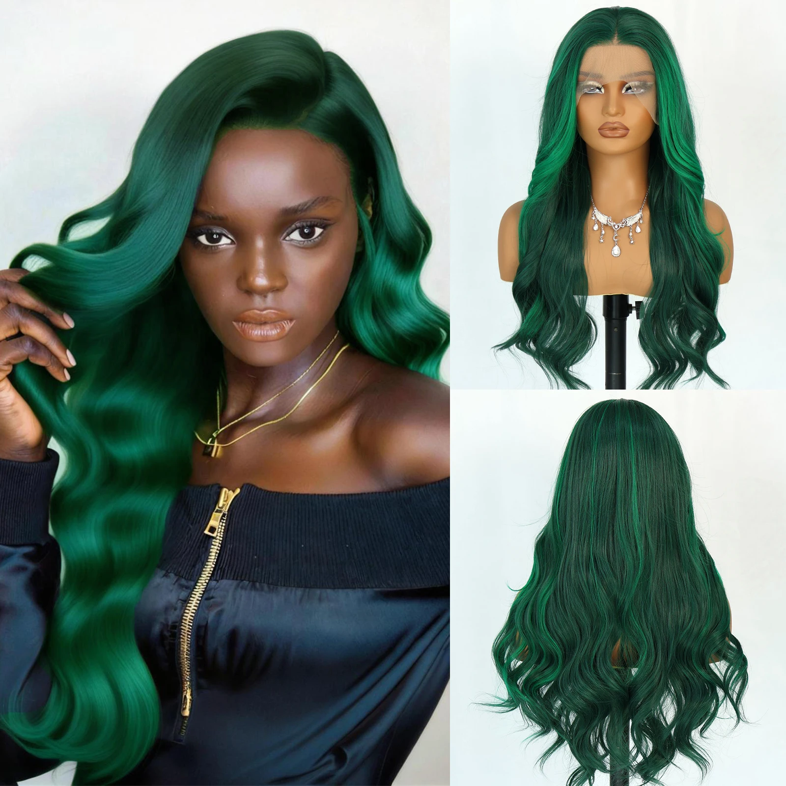 

Aubree Synthetic Wigs 13*4 Lace Front Wig For Women Dark Green Long Wavy 28 inches 180 Density Pre Plucked Natural Hairline