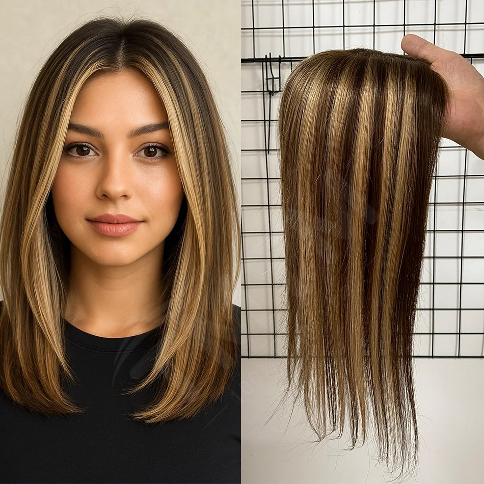 7x11cm 10x12cm Base Size Straight Human Hair Topper With Clip 30cm 40cm Ombre Balayage Brown Blonde Human Hair Toppers For Women