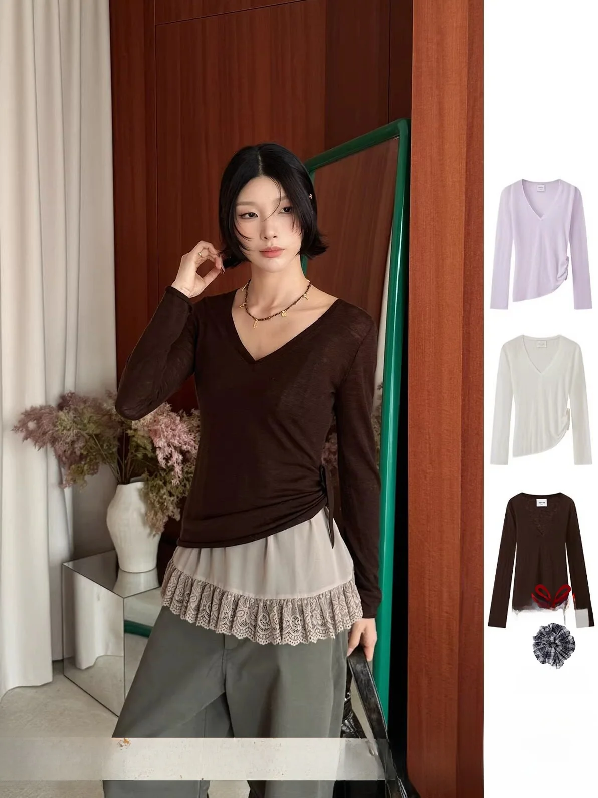 

ALWOOLS Brand Woolen Long Sve Knitted Base irt DEARSOCUTE Handpied Store Casual Sle V-Ne Women's T-irt