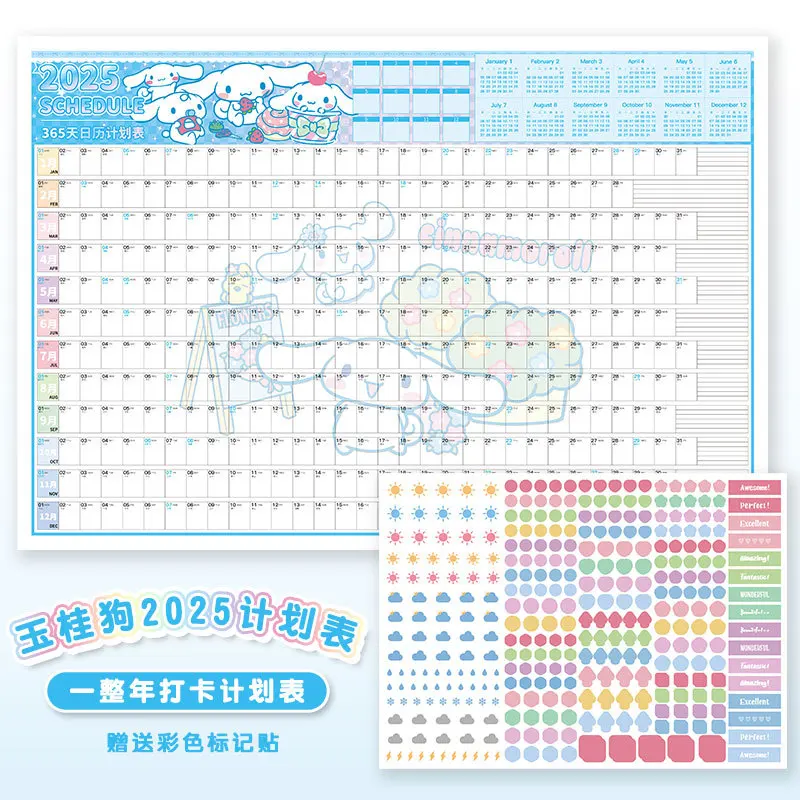 Anime New Cinnamoroll 2025 Calendar Planner Wall Sticker Kuromi My Melody Hello Kitty Kawaii Students Annual Calendars Planner