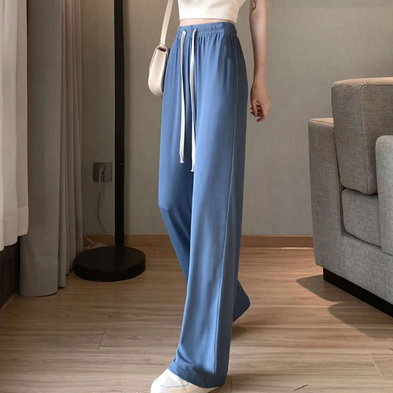 กางเกงขากว้างผ้าไหมน้ำแข็งสำหรับผู้หญิงที่ให้ความรู้สึกของผ้า ผ้าเดรป กางเกงขายาวสำหรับฤดูร้อน ส่วนสูงต่ำ เอวสูง กระชับสัดส่วน กางเกงลำลอง