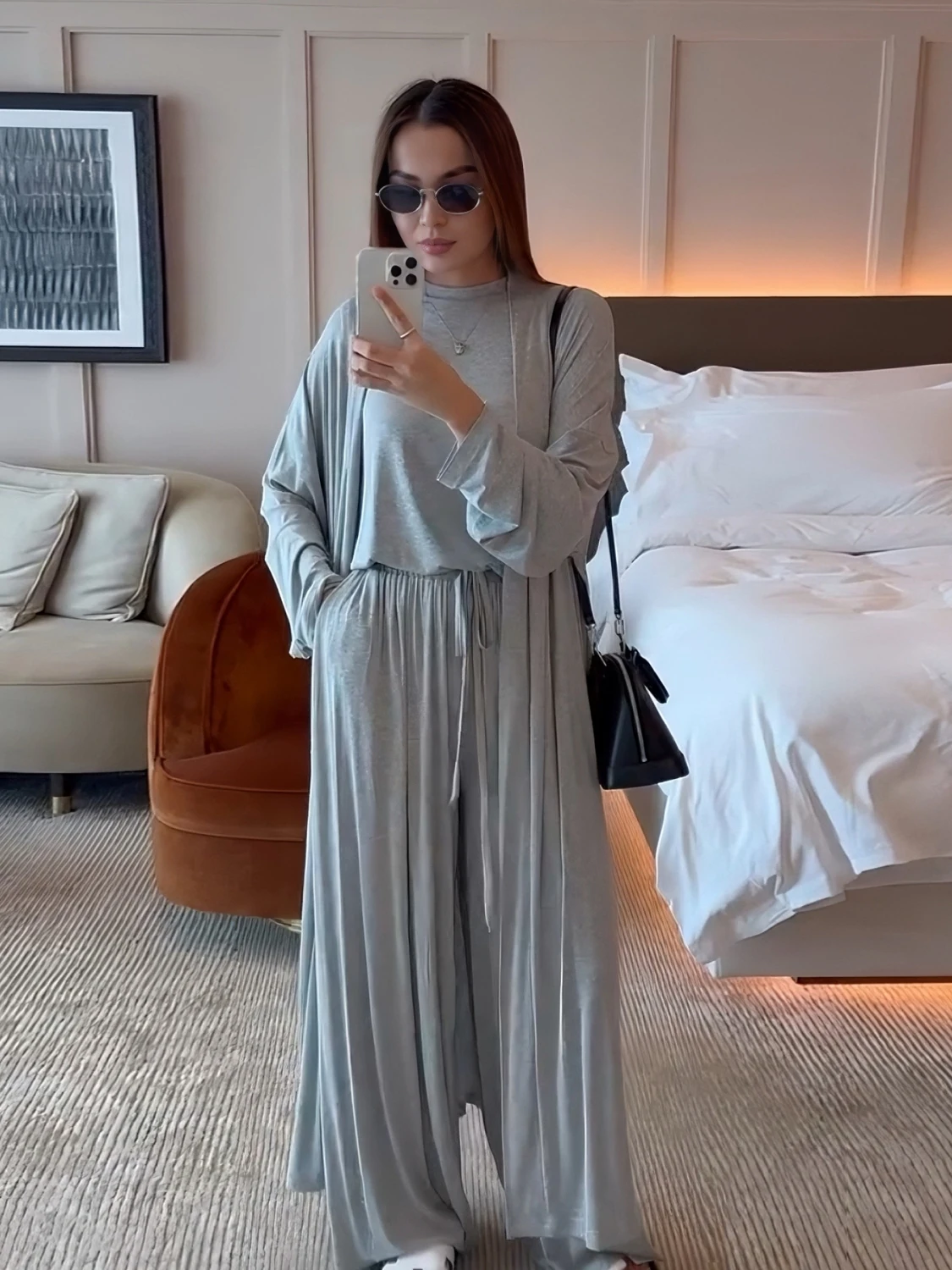 

Casual Pure Color Three-piece Women's Robe Set Comfortable Muslin Pants T-shirt High Waist Long Pants Princess Sleeve round Neck