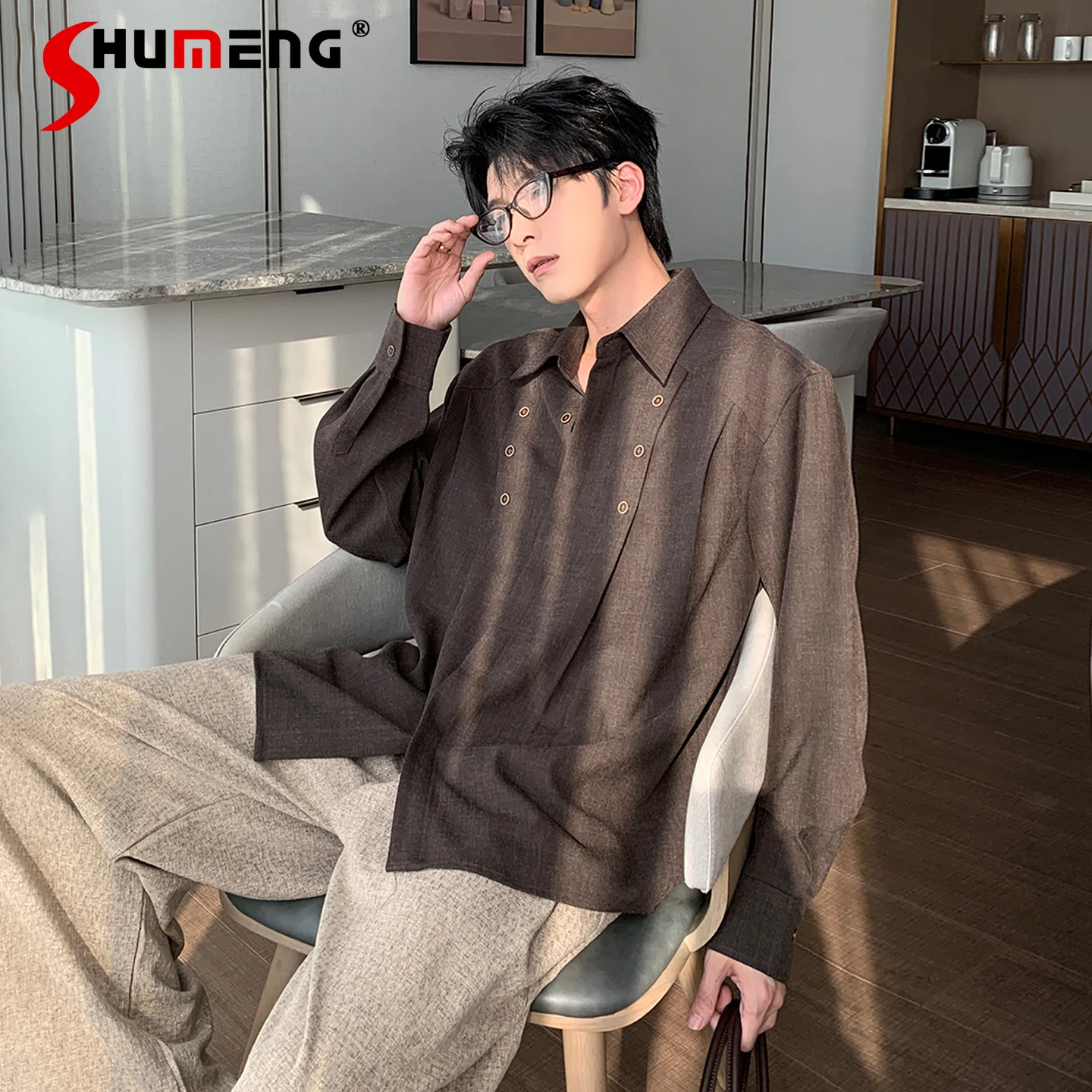 

Men's 2025 Autumn New High-End Trendy Button Decoration Shirts Men's Long Sleeve Shirt Male Loose Comfort Lapel Solid Color Tops