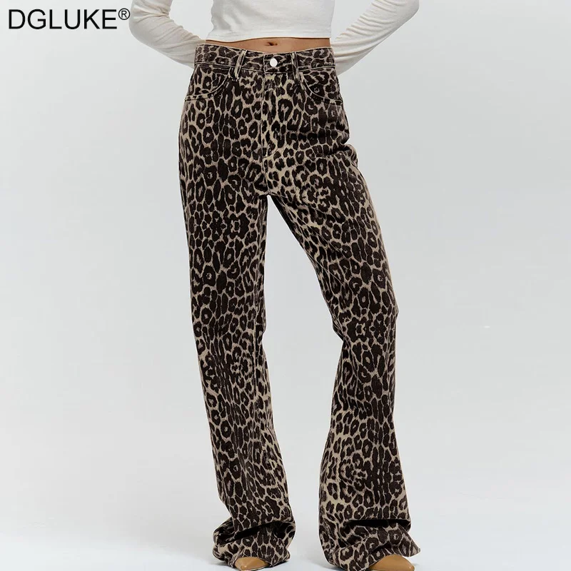 

DGLUKE New In Leopard Jeans Woman High Waist Straight Cottonn Denim Pants Y2K Vintage Trousers Streetwear Women