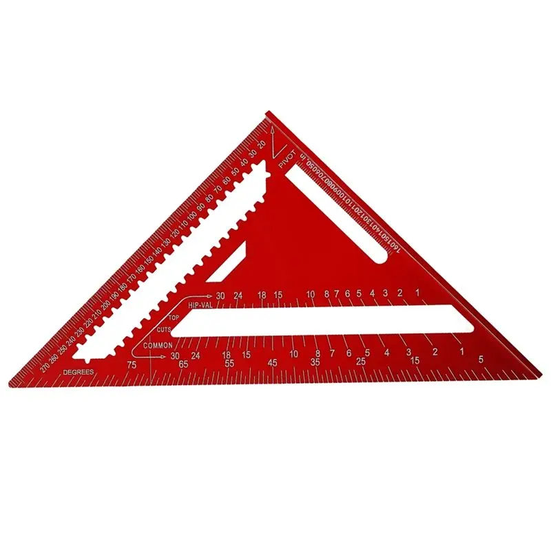 AB34-Durable Metal 12-Inch Red Aluminum Alloy Precision Ruler Triangle Design, Construction Angle Finder And Metric Scale
